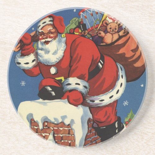 Vintage Christmas Santa Claus Down Chimney w Toys Drink Coaster
