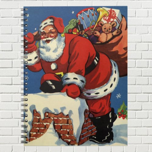 Vintage Christmas Santa Claus Down Chimney w Toys Notebook