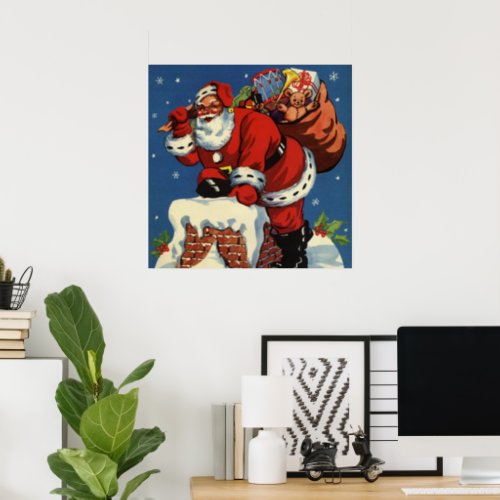 Vintage Christmas Santa Claus Down Chimney w Toys Poster