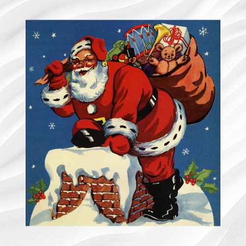 Vintage Christmas Santa Claus Down Chimney w Toys Poster
