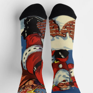Vintage Christmas, Santa Claus Down Chimney w Toys Socks