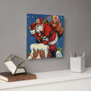 Vintage Christmas, Santa Claus Down Chimney w Toys Square Wall Clock