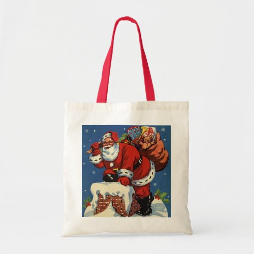 Vintage Christmas Santa Claus Down Chimney w Toys Tote Bag