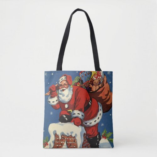 Vintage Christmas Santa Claus Down Chimney w Toys Tote Bag