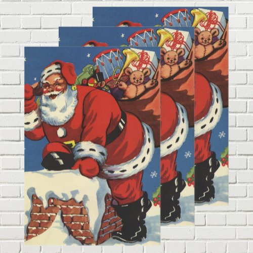 Vintage Christmas Santa Claus Down Chimney w Toys Wrapping Paper Sheets