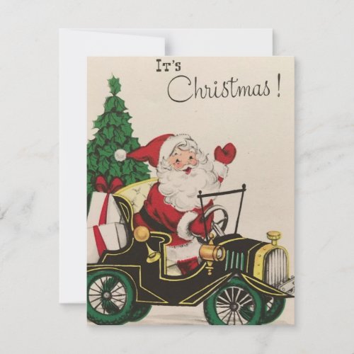 Vintage Christmas Santa Claus Driving Car Holiday Card