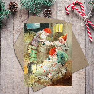 Vintage Christmas Santa Claus Elf Gnome Gifts Holiday Postcard