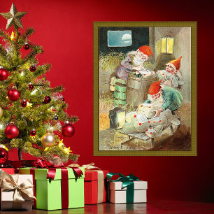 Vintage Christmas Santa Claus Elf Gnome Gifts Poster