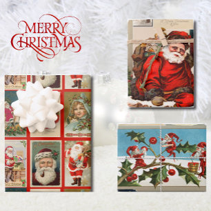 Vintage Christmas Santa Claus Elves Victorian Gift Wrapping Paper Sheets