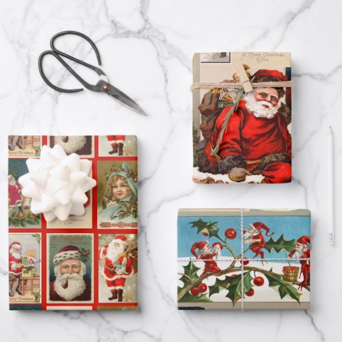 Vintage Christmas Santa Claus Elves Victorian Gift Wrapping Paper Sheets