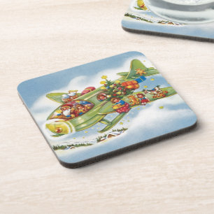 Vintage Christmas, Santa Claus Flying an Airplane Beverage Coaster