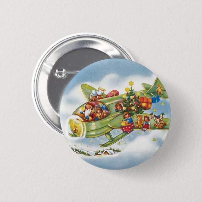 Vintage Christmas, Santa Claus Flying an Airplane Button (Front & Back)
