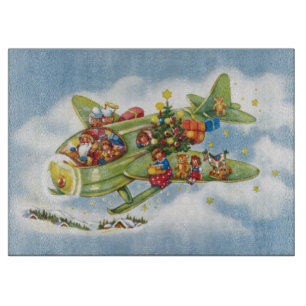 Vintage Christmas, Santa Claus Flying an Airplane Cutting Board