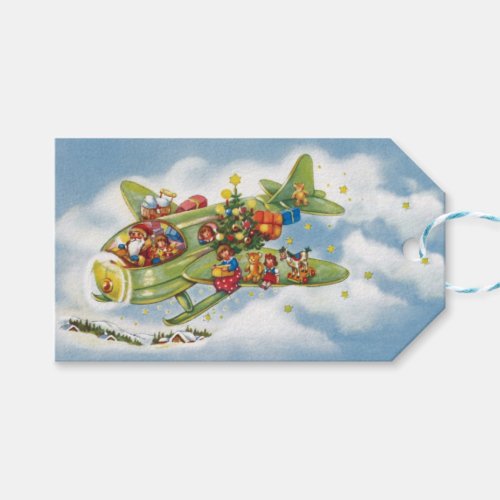 Vintage Christmas Santa Claus Flying an Airplane Gift Tags