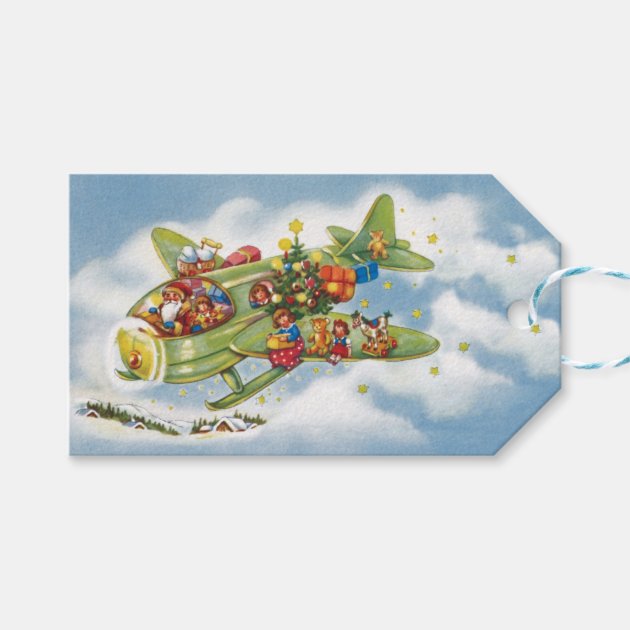 Vintage Christmas, Santa Claus Flying An Airplane Gift Tags