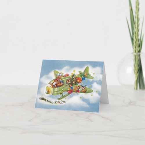 Vintage Christmas Santa Claus Flying an Airplane Holiday Card