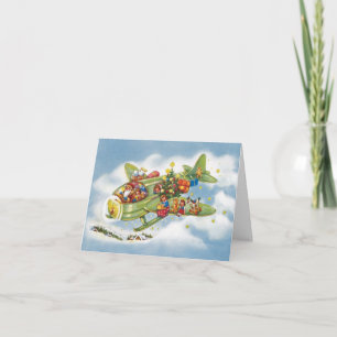 Vintage Christmas, Santa Claus Flying an Airplane Holiday Card