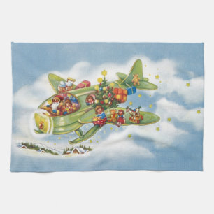 Vintage Christmas, Santa Claus Flying an Airplane Kitchen Towel