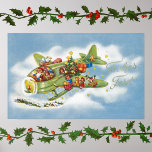 Vintage Christmas, Santa Claus Flying an Airplane Poster<br><div class="desc">Vintage illustration Merry Christmas holiday travel and transportation design featuring a jolly Santa Claus flying an old fashioned propeller aircraft in the sky with elves, toys, dolls, wrapped presents and a Christmas tree on the wing. They are flying the antique plane through the fluffy white clouds and stars in the...</div>