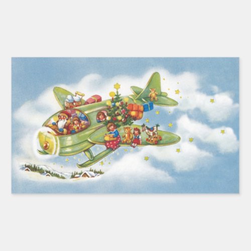 Vintage Christmas Santa Claus Flying an Airplane Rectangular Sticker