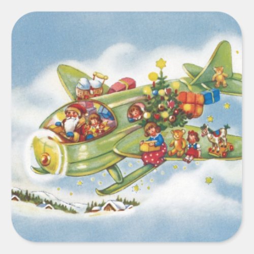 Vintage Christmas Santa Claus Flying an Airplane Square Sticker