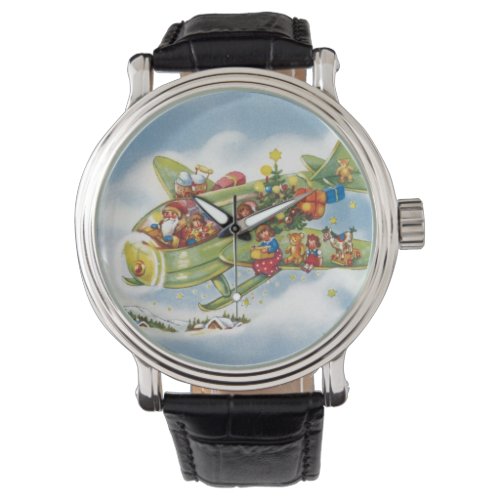 Vintage Christmas Santa Claus Flying an Airplane Watch