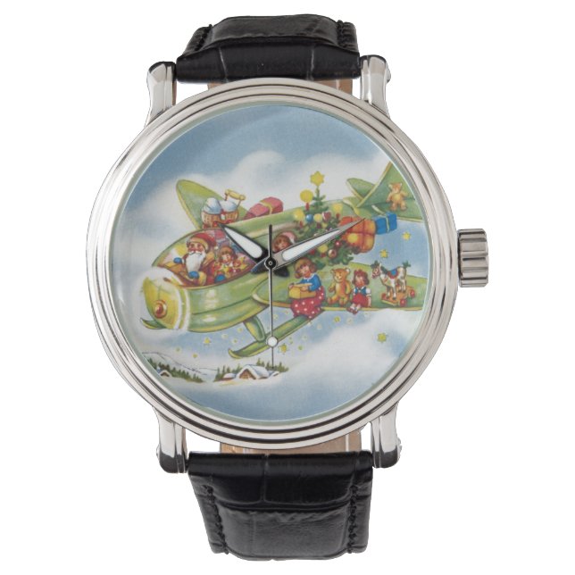 Vintage Christmas, Santa Claus Flying an Airplane Watch (Front)