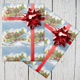 Vintage Christmas, Santa Claus Flying an Airplane Wrapping Paper