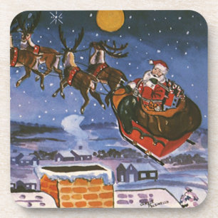 Vintage Christmas Santa Claus Flying His Sleigh Beverage Coaster