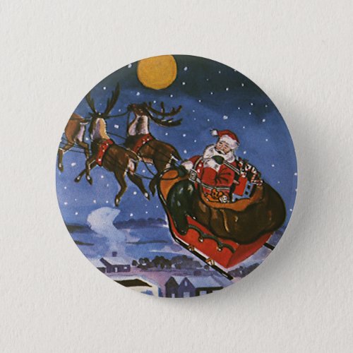 Vintage Christmas Santa Claus Flying His Sleigh Button