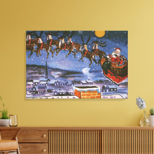 Vintage Christmas Santa Claus Flying His Sleigh Canvas Print