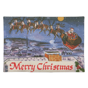 Vintage Christmas Santa Claus Flying His Sleigh Cloth Placemat