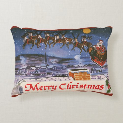 Vintage Christmas Santa Claus Flying His Sleigh Decorative Pillow