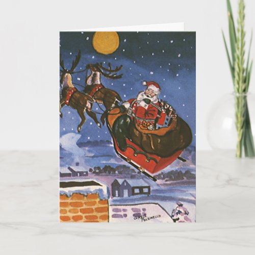 Vintage Christmas Santa Claus Flying His Sleigh Holiday Card