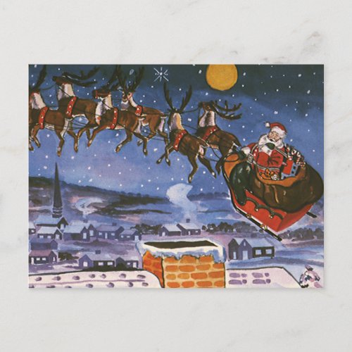 Vintage Christmas Santa Claus Flying His Sleigh Holiday Postcard