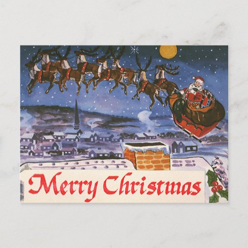 Vintage Christmas Santa Claus Flying His Sleigh Holiday Postcard