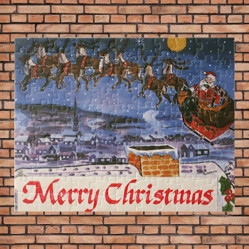 Vintage Christmas Santa Claus Flying His Sleigh Jigsaw Puzzle by ChristmasCafe at Zazzle