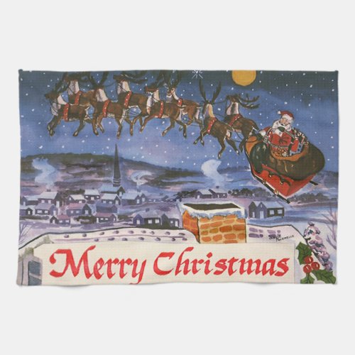 Vintage Christmas Santa Claus Flying His Sleigh Kitchen Towel
