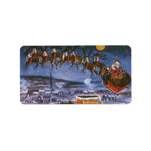 Vintage Christmas Santa Claus Flying His Sleigh Label