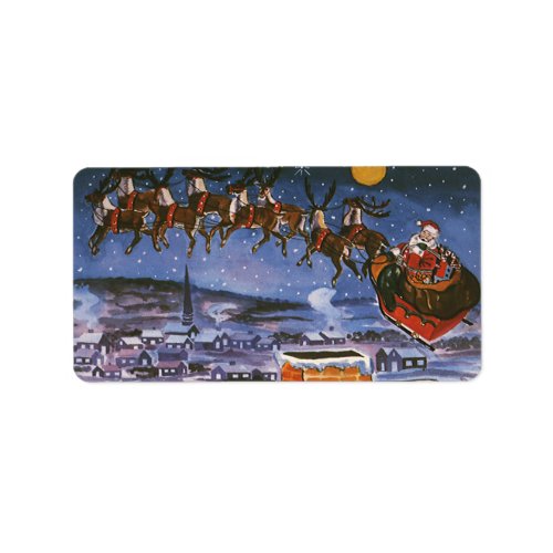 Vintage Christmas Santa Claus Flying His Sleigh Label