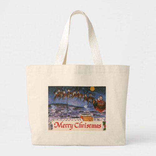 Vintage Christmas Santa Claus Flying His Sleigh Large Tote Bag