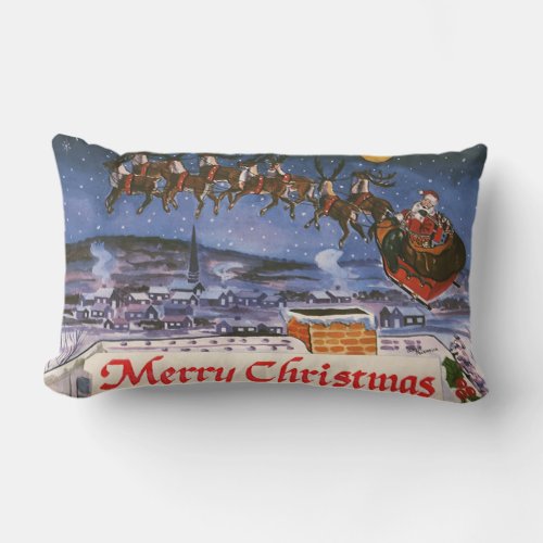 Vintage Christmas Santa Claus Flying His Sleigh Lumbar Pillow