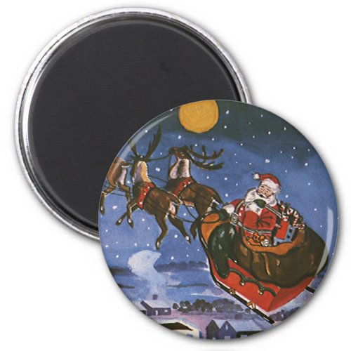 Vintage Christmas Santa Claus Flying His Sleigh Magnet