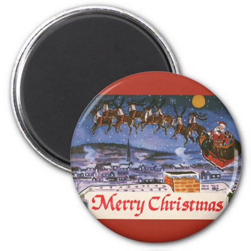 Vintage Christmas Santa Claus Flying His Sleigh Magnet