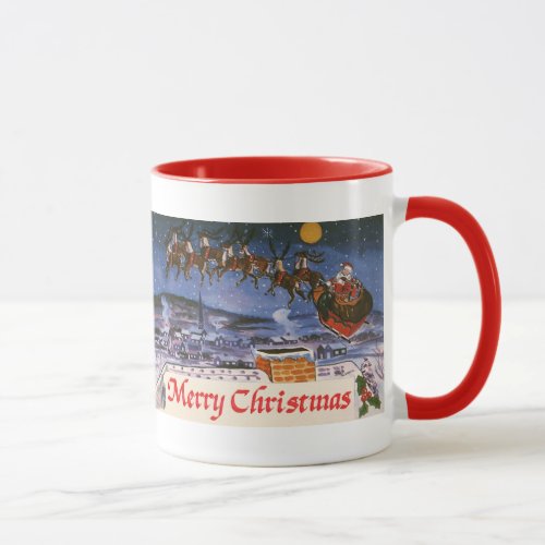 Vintage Christmas Santa Claus Flying His Sleigh Mug