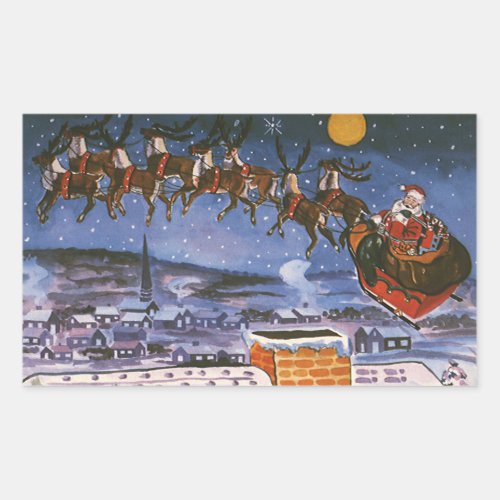 Vintage Christmas Santa Claus Flying His Sleigh Rectangular Sticker