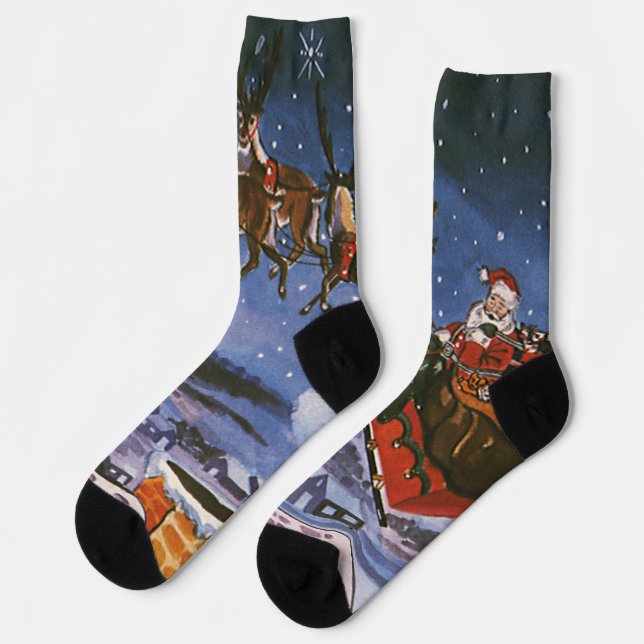 Vintage Christmas Santa Claus Flying His Sleigh Socks (Left)