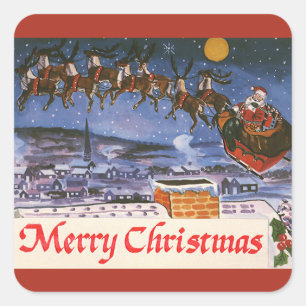Vintage Christmas Santa Claus Flying His Sleigh Square Sticker