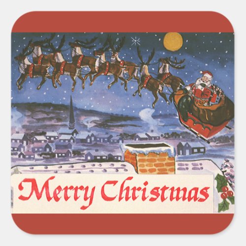 Vintage Christmas Santa Claus Flying His Sleigh Square Sticker