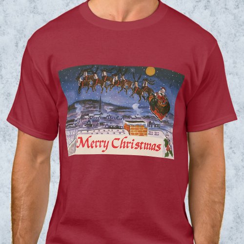 Vintage Christmas Santa Claus Flying His Sleigh T_Shirt